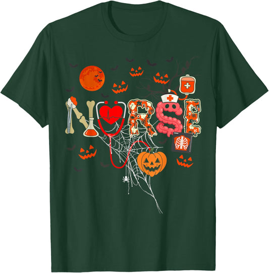 Nurse Funny Stethoscope Nurse Pumpkin Skull Lover Halloween T-Shirt - T-Shirt | Forest