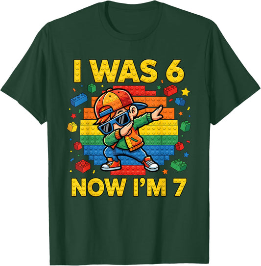 7th Birthday I was 6 Now Im 7 Building Blocks Dabbing boy 67 T-Shirt - T-Shirt | Forest