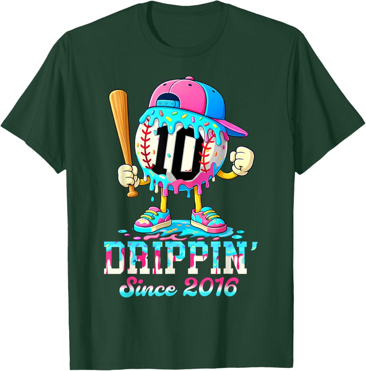 Baseball 10 Years Old Since 2016 Ice Cream 10th Birthday Boy T-Shirt - T-Shirt | Forest