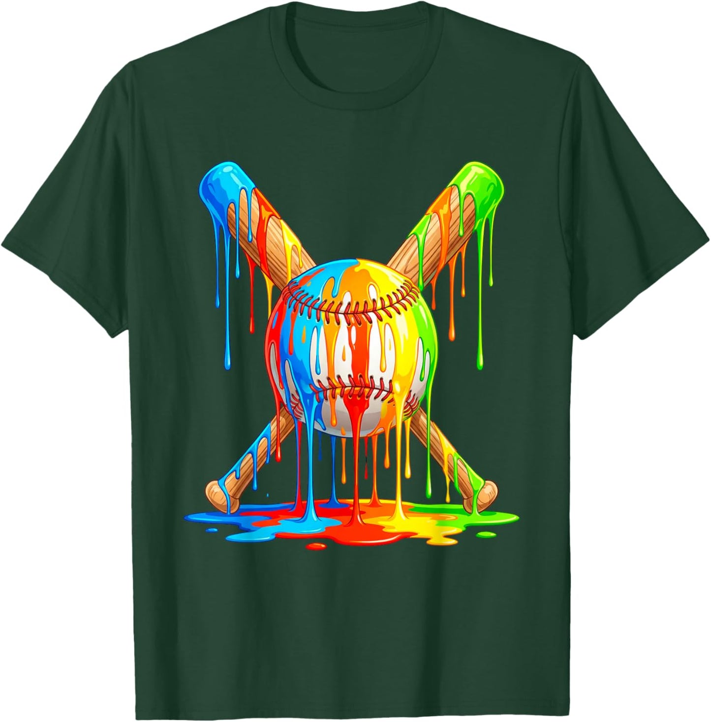 Baseball Drip Ice Cream Multicolor Crossed Bat Art T-Shirt - T-Shirt | Forest