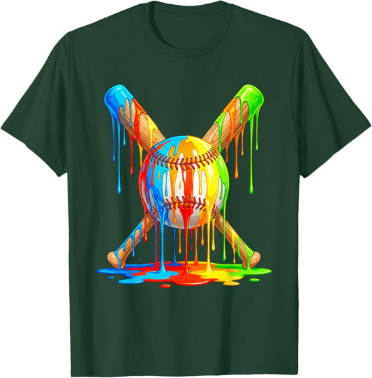 Baseball Drip Ice Cream Multicolor Crossed Bat Art T-Shirt - T-Shirt | Forest