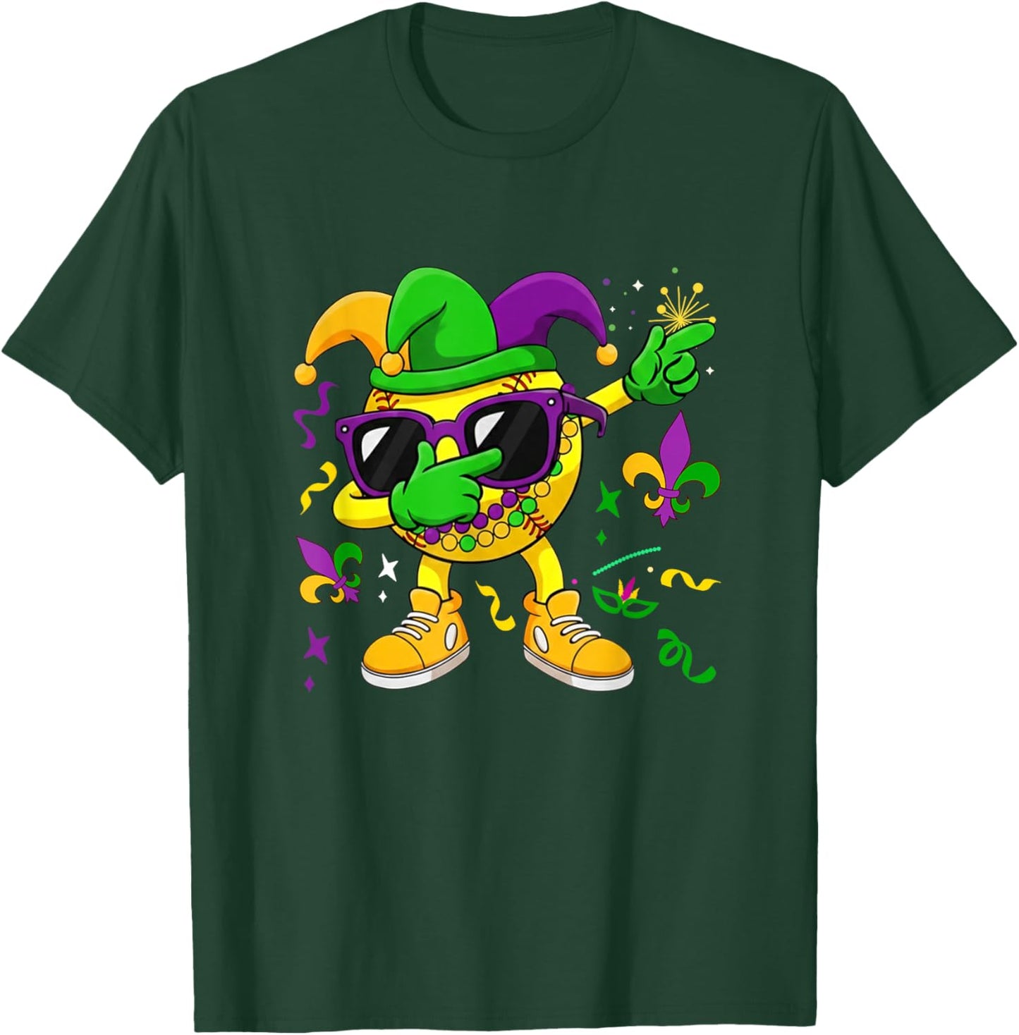 Softball Equipment Player Mardi Gras Beads Jester Hat Lover T-Shirt - T-Shirt | Forest