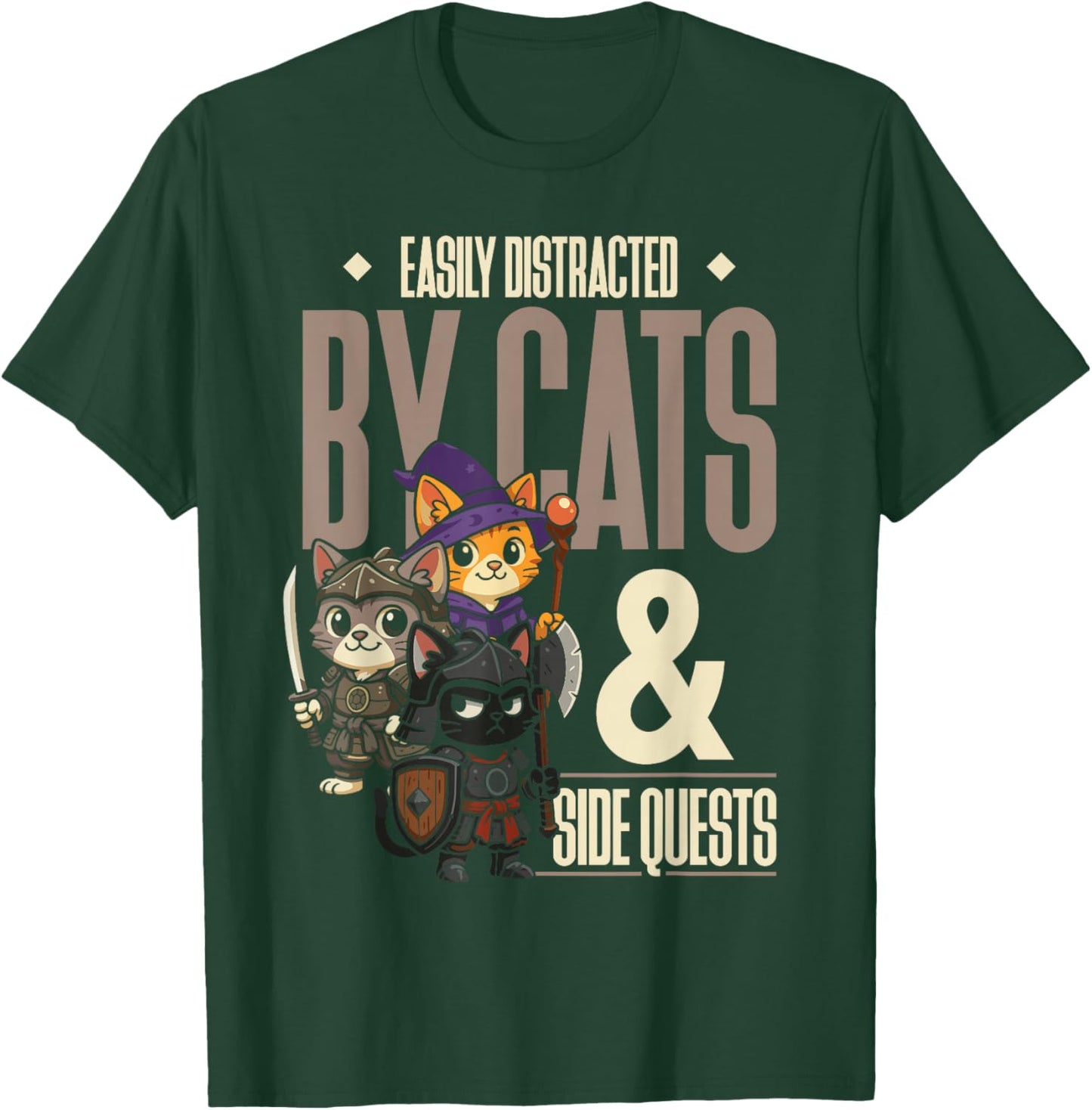 Easily Distracted Cats Side Quest Funny RPG Video Game Gamer T-Shirt - T-Shirt | Forest