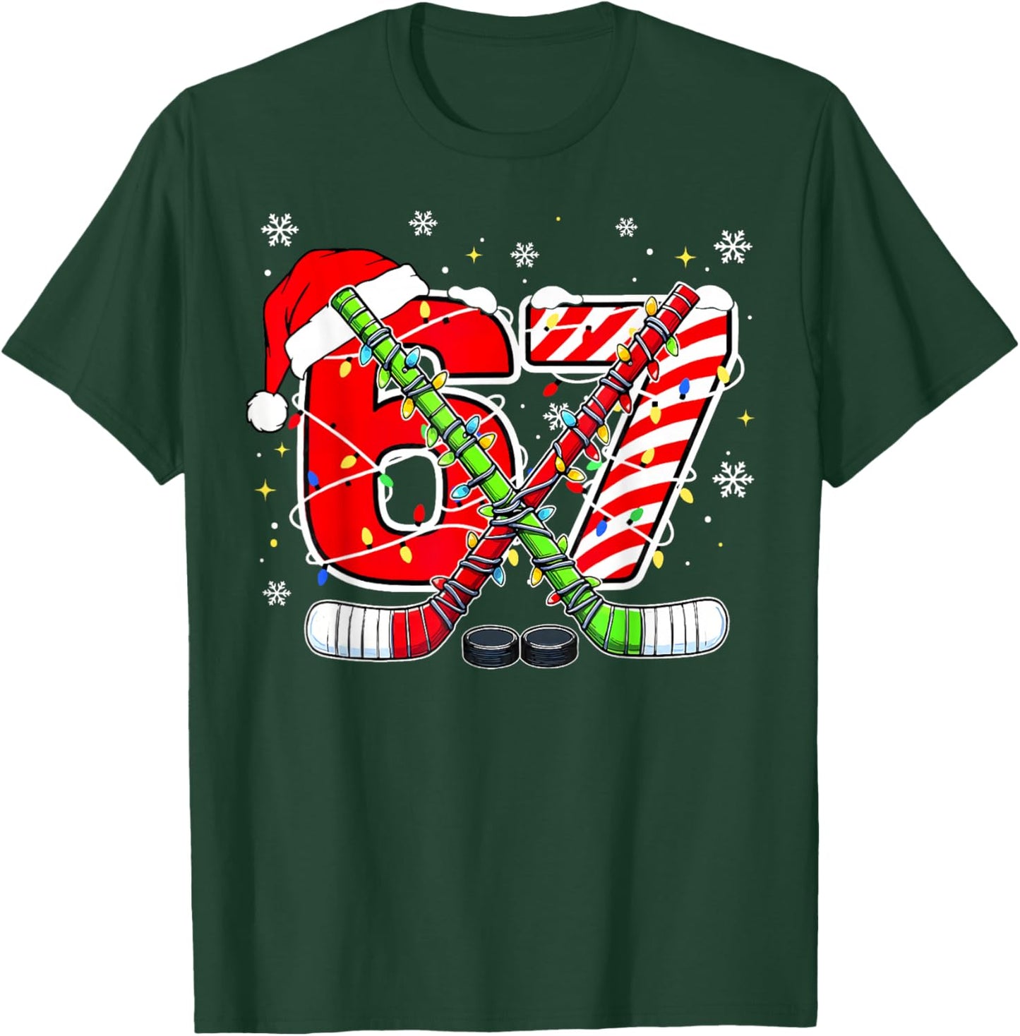 Funny 67 Santa Hat Candy Cane Ice Hockey Six Seven Christmas T-Shirt - T-Shirt | Forest