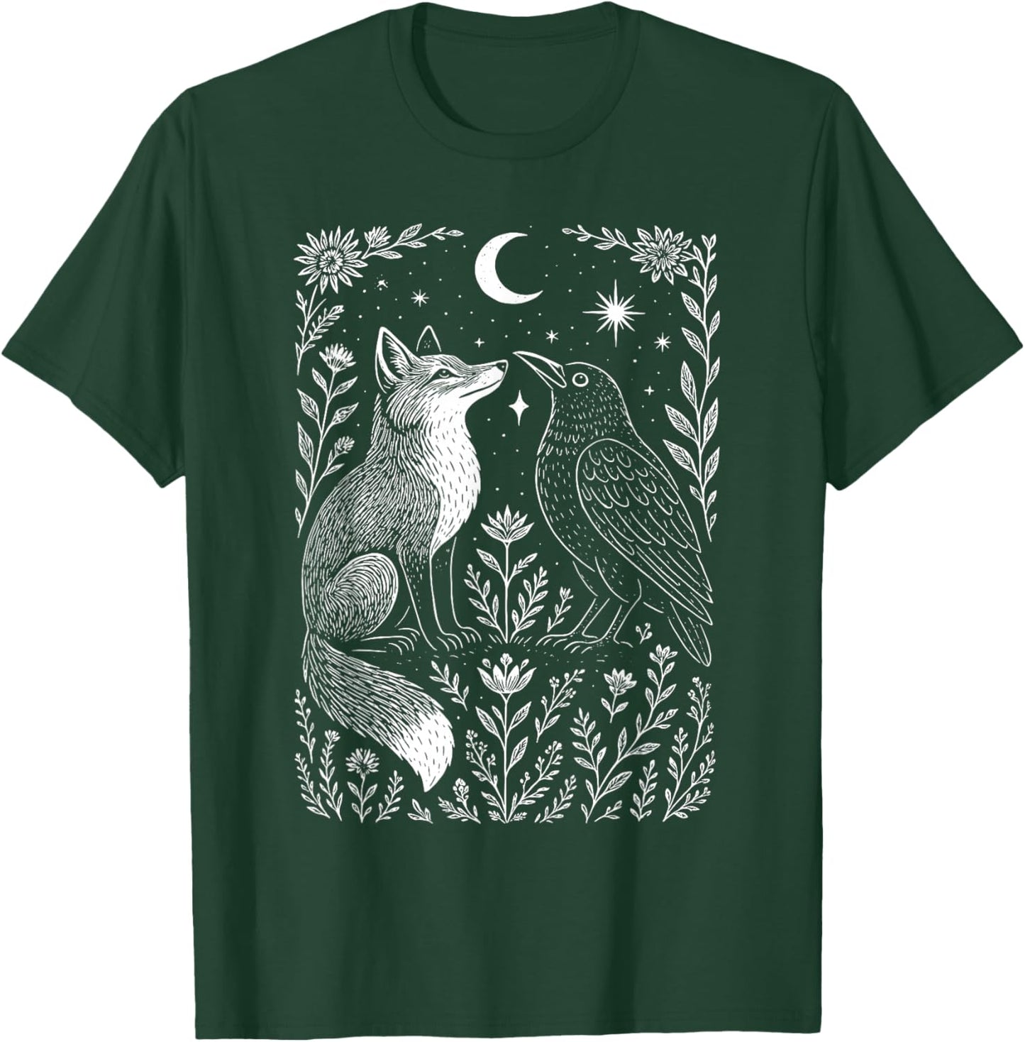 Celestial Floral Fox & Crow Moon Astrology Wildlife Nature T-Shirt - T-Shirt | Forest