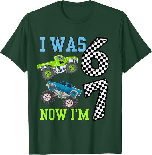 I was 6 Now I'm 7 Kids Boys Monster Trucks Birthday T-Shirt - T-Shirt | Forest