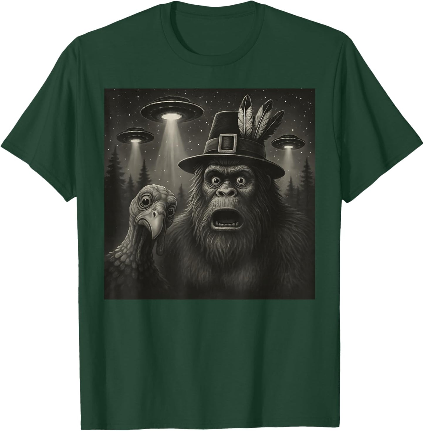 Funny Thanksgiving Bigfoot Turkey Selfie UFO Sasquatch T-Shirt - T-Shirt | Forest