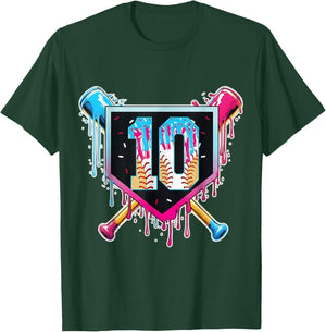 Baseball 10 Year Old Boy Ice Cream Drip 10th Birthday Player T-Shirt - T-Shirt | Forest