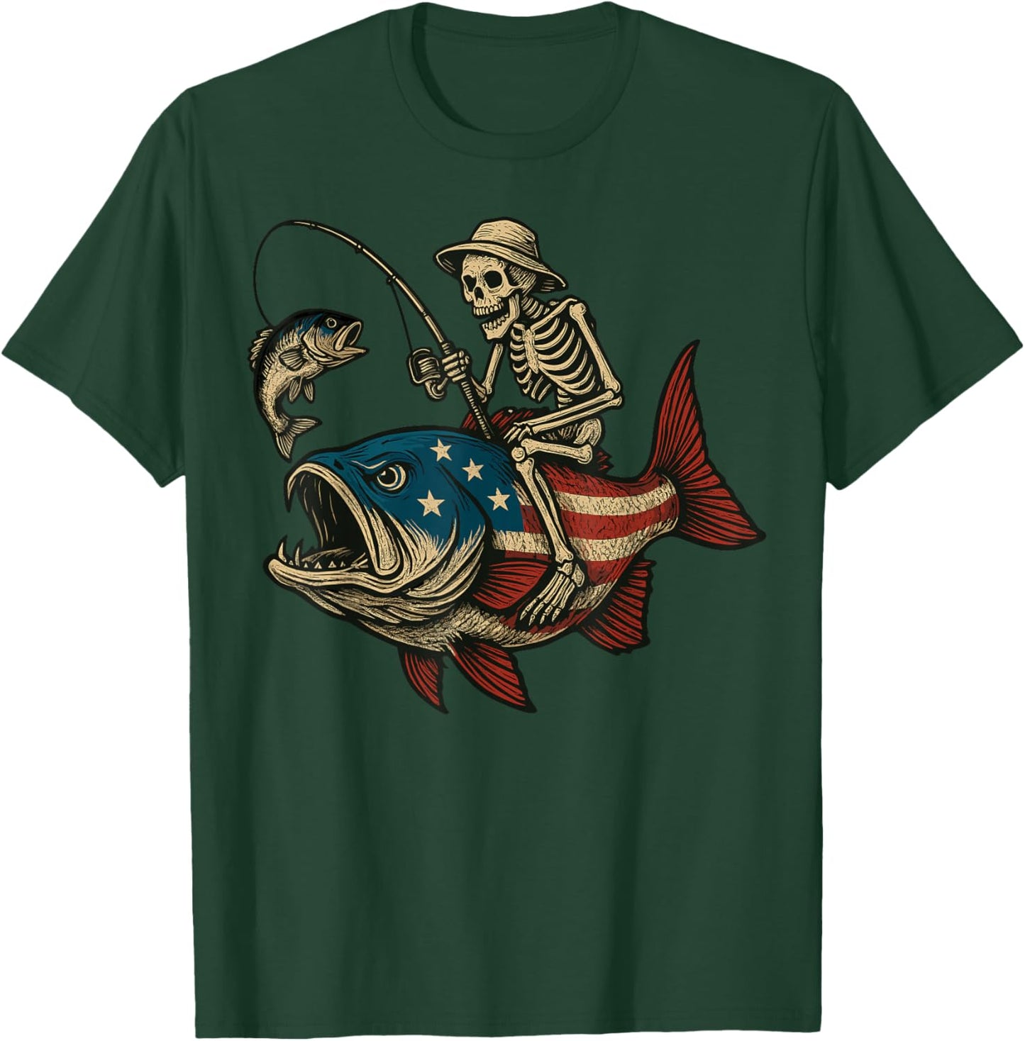 Skeleton Fishing Bass Fish USA Flag T-Shirt - T-Shirt | Forest