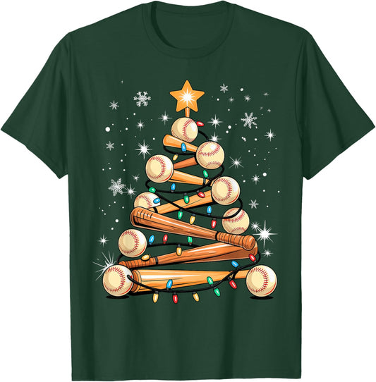 Baseball Christmas Tree Light Xmas Baseball T-Shirt - T-Shirt | Forest