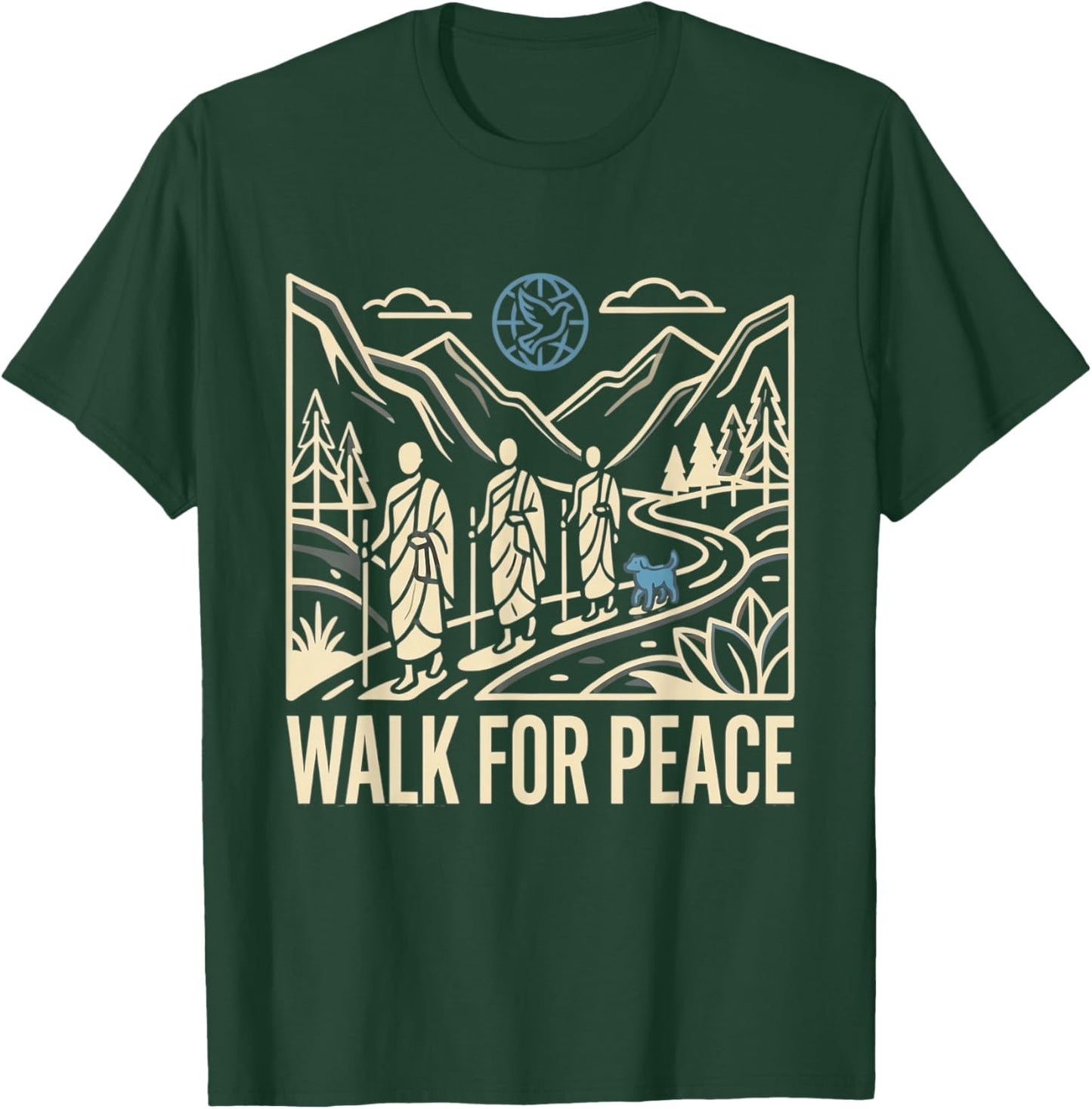 Walk for Peace Aloka Monks Dog Dove Globe Line Art T-Shirt - T-Shirt | Forest