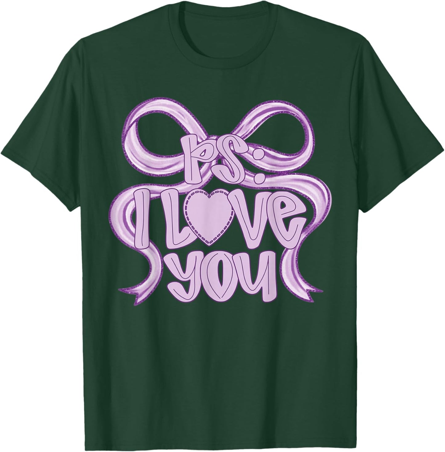 PS I Love You Day Valentine's Day Coquette Bow Purple Heart T-Shirt - T-Shirt | Forest