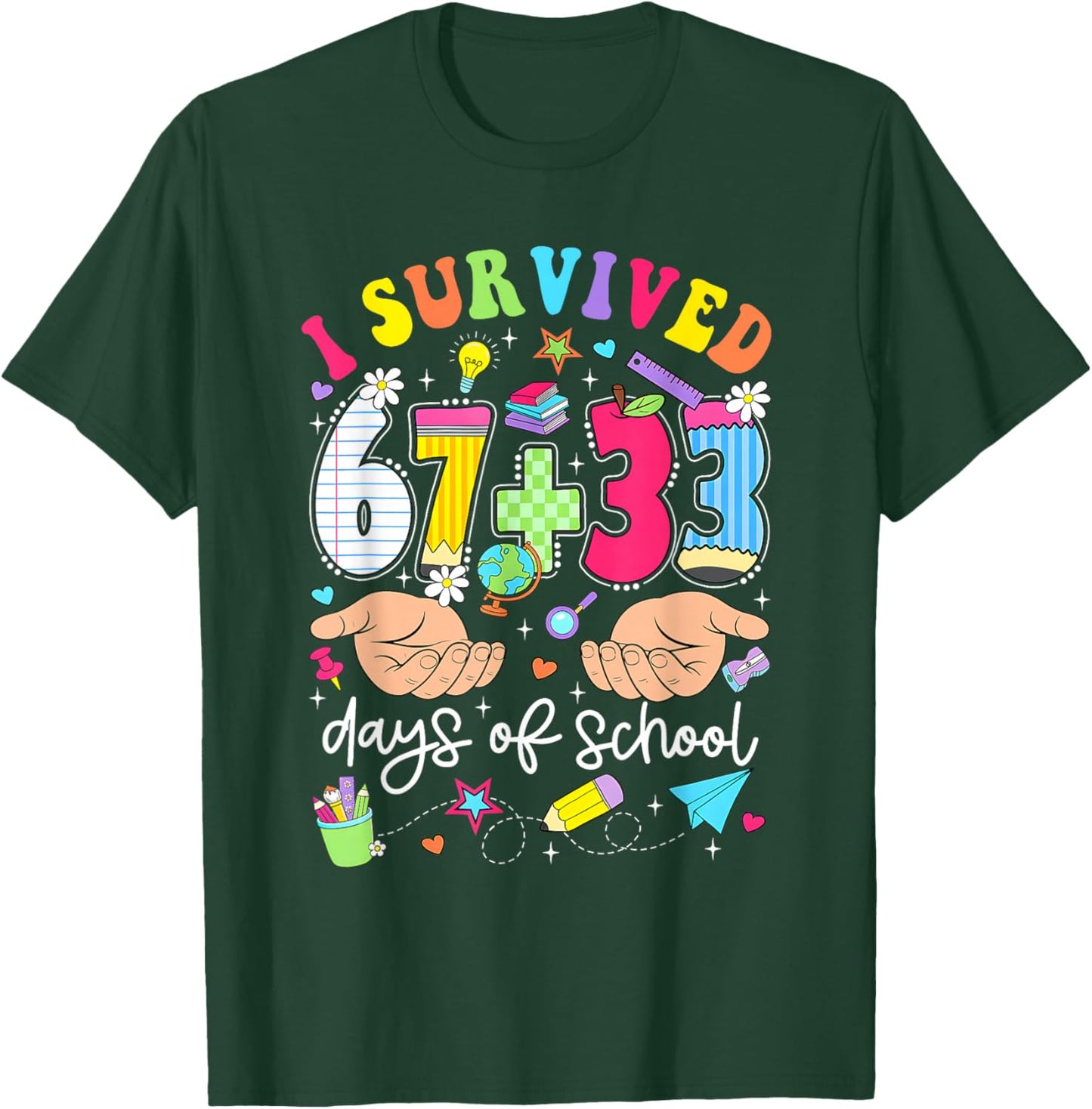 I Survived 67+33 Days of School 100 Days 6 7 Kids Boys Girls T-Shirt - T-Shirt | Forest