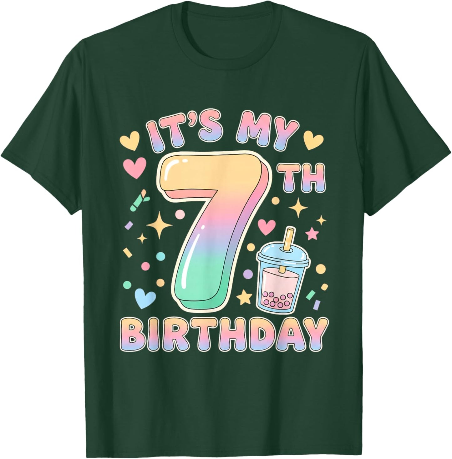 It's My 7th Birthday Bubble Boba Tea Party 7 Year Old Girl T-Shirt - T-Shirt | Forest