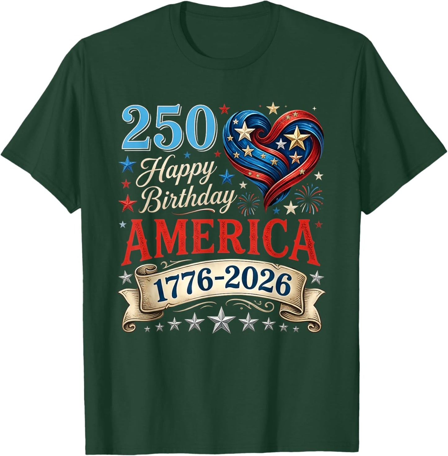 USA Hearts 1776 2026 July 4th 250th Birthday USA 250 Years T-Shirt - T-Shirt | Forest