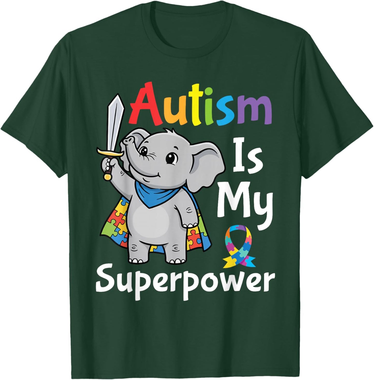 Autism is My Superpower Awareness Puzzle Cape Elephant Hero T-Shirt - T-Shirt | Forest