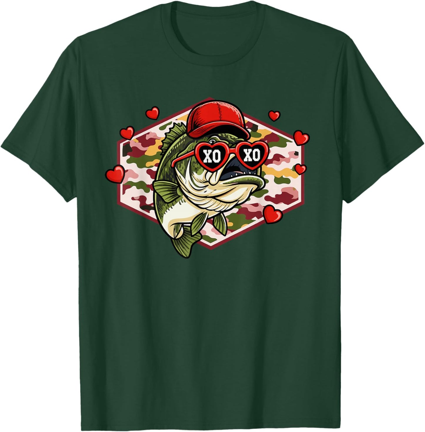 Men Boys Retro Valentines Fishing XOXO Camo Bass T-Shirt - T-Shirt | Forest