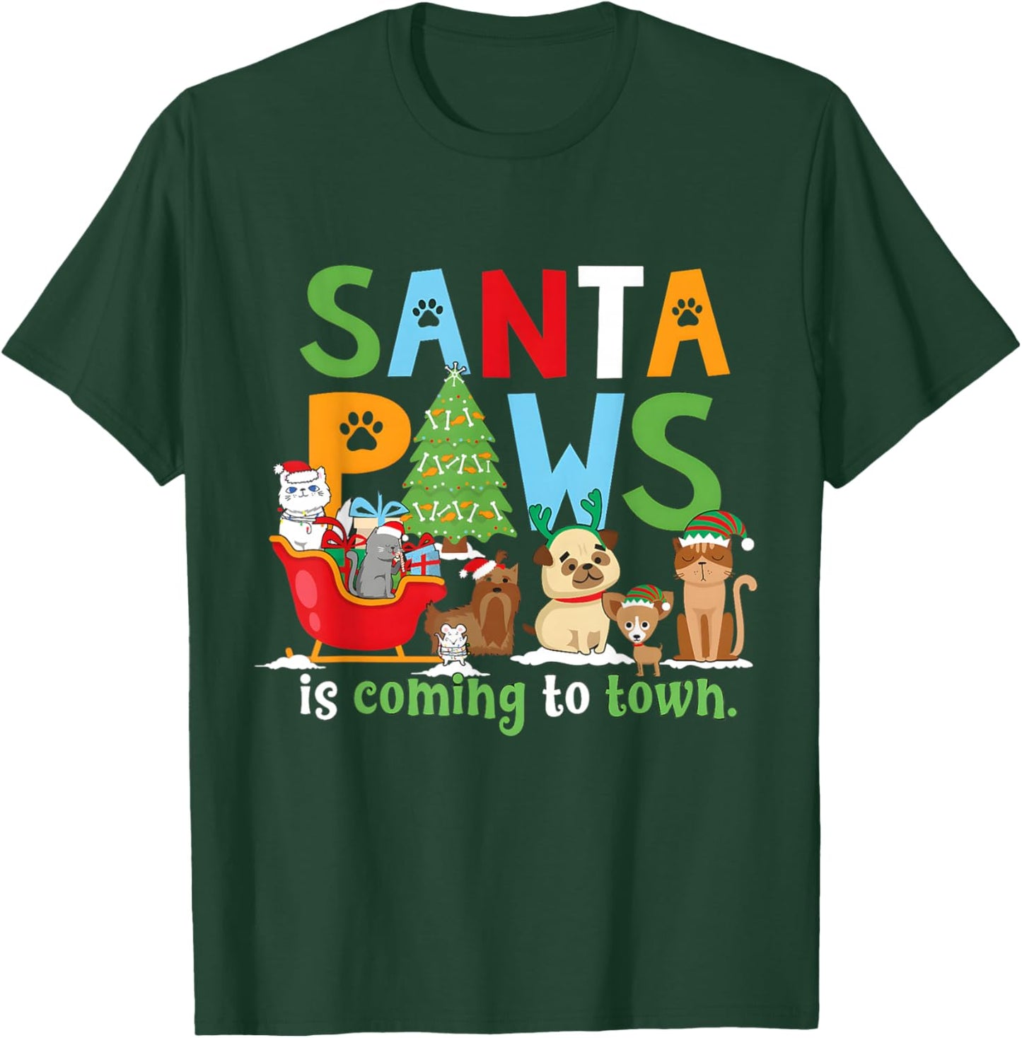 Santa Paws is Coming to Town Veterinarian Vet Tech Christmas T-Shirt - T-Shirt | Forest