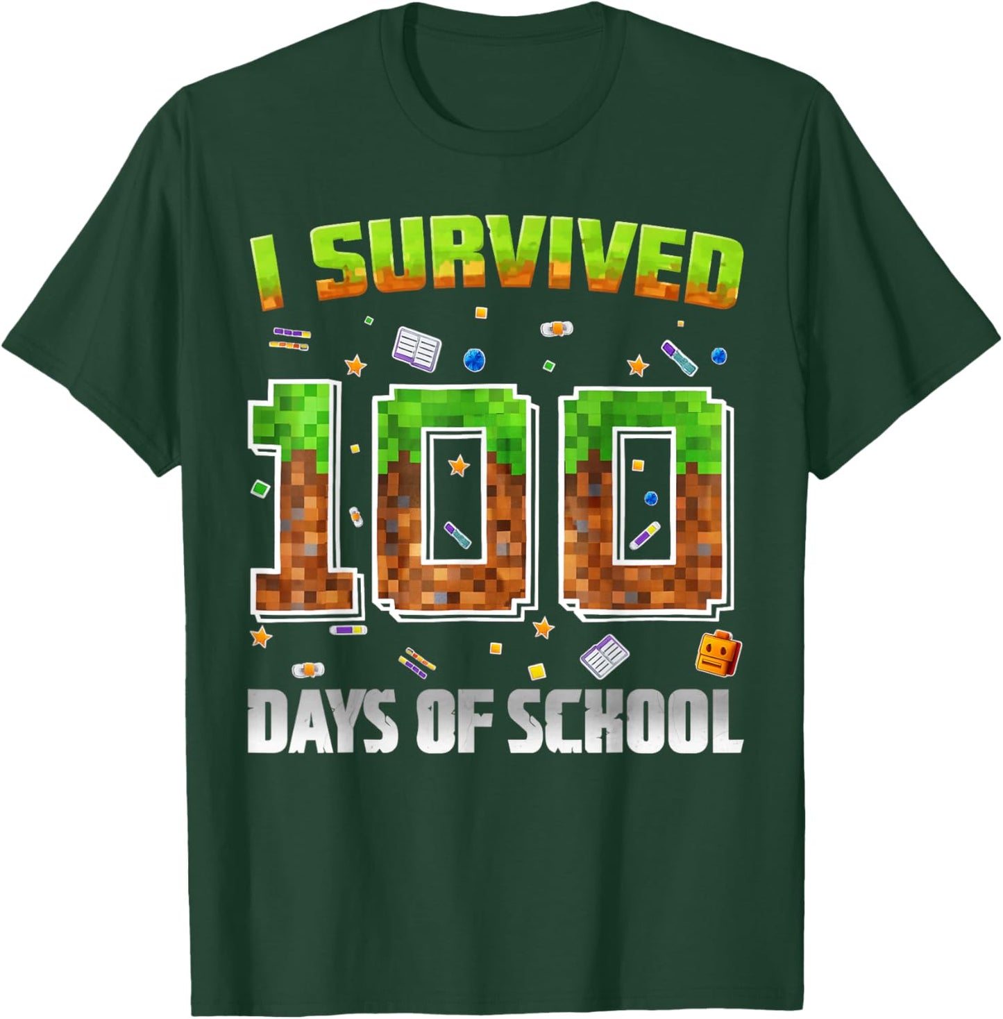 I Survived 100 Days of School Funny Pixel Gamer for Boy Kid T-Shirt - T-Shirt | Forest