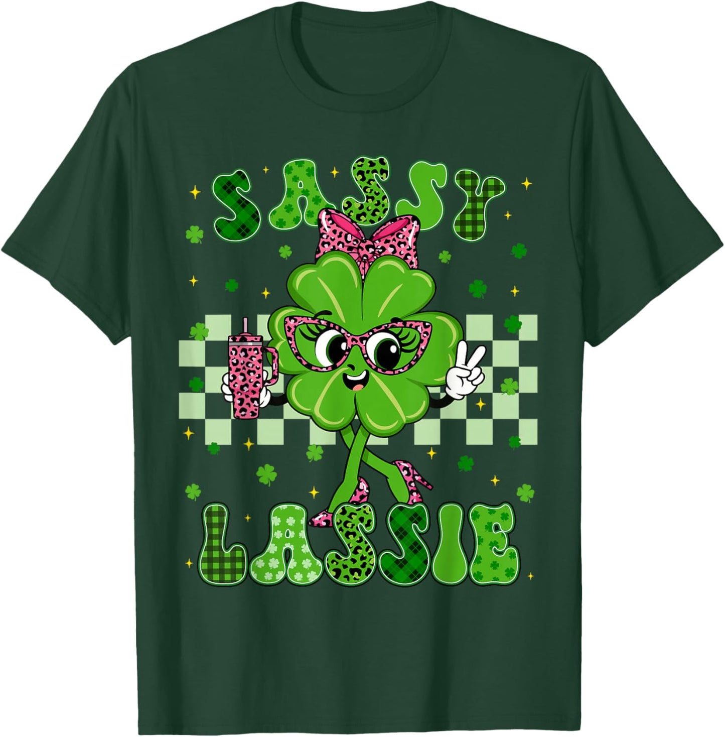 Funny Sassy Lassie Shamrock Leopard St Patricks Women Girl T-Shirt - T-Shirt | Forest