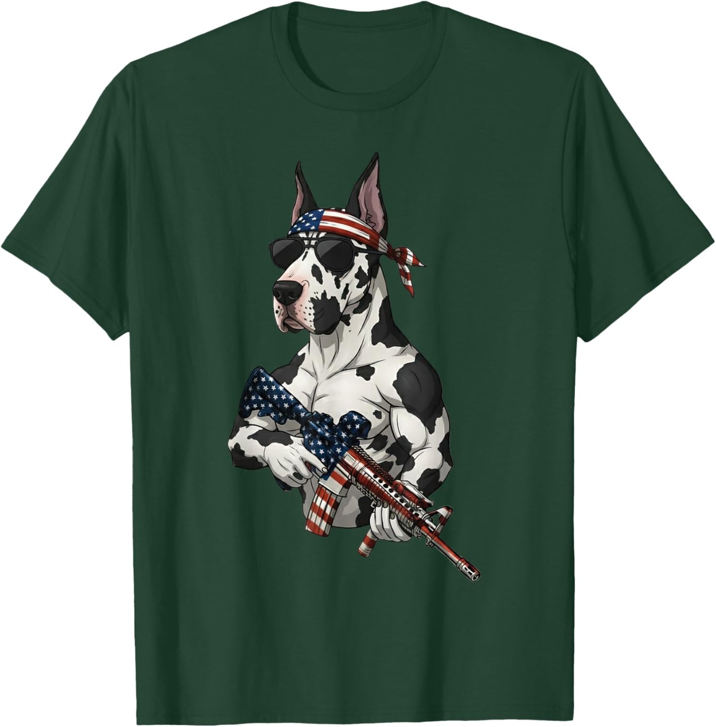 Funny Patriotic Great Dane with Rifle USA Flag Design T-Shirt - T-Shirt | Forest