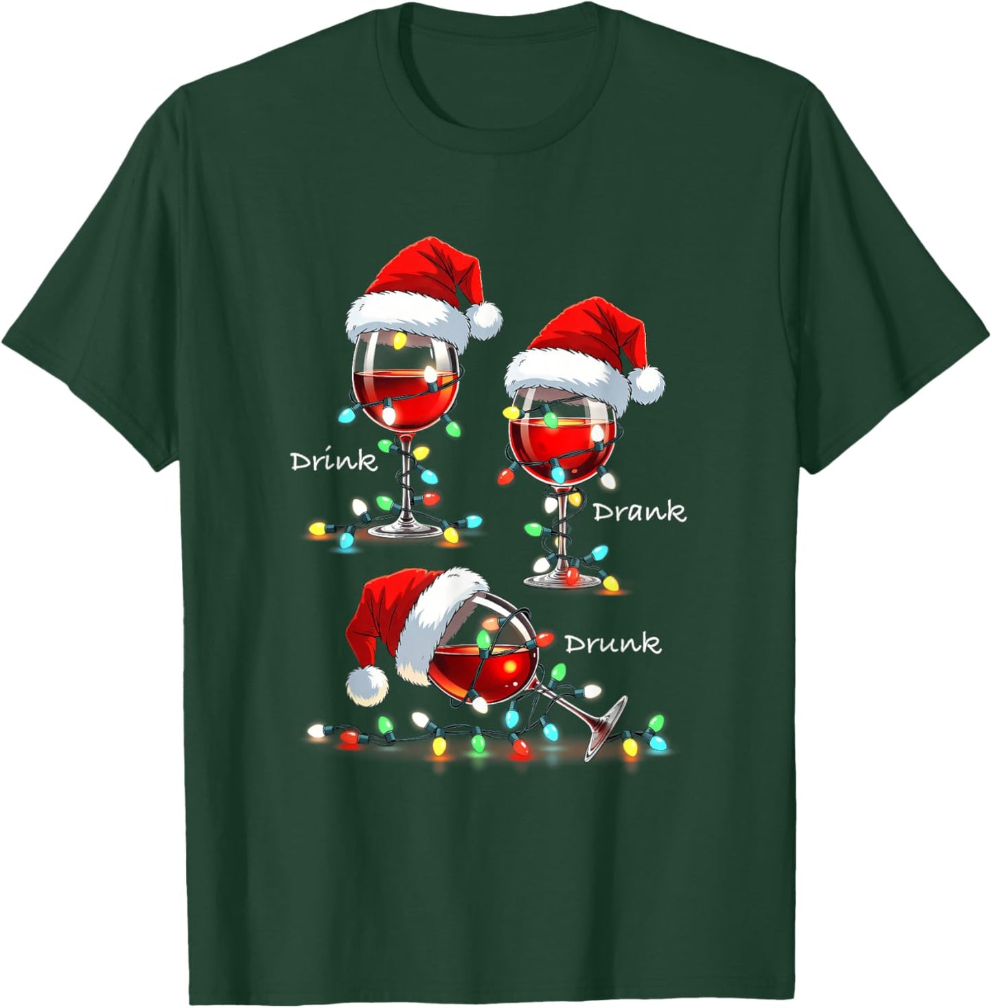 Christmas Wine Drunk Drank Drink Party Santa Hat Xmas Lights T-Shirt - T-Shirt | Forest