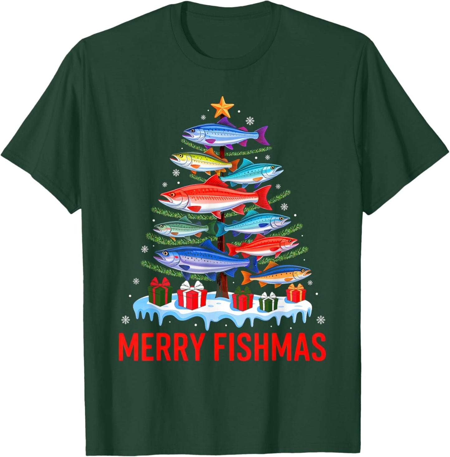Merry Fishmas Fishing Christmas Tree Lights Xmas Pajamas T-Shirt - T-Shirt | Forest