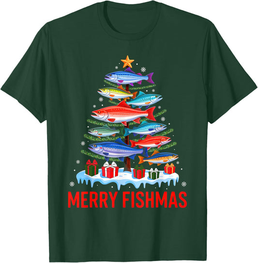 Merry Fishmas Fishing Christmas Tree Lights Xmas Pajamas T-Shirt - T-Shirt | Forest