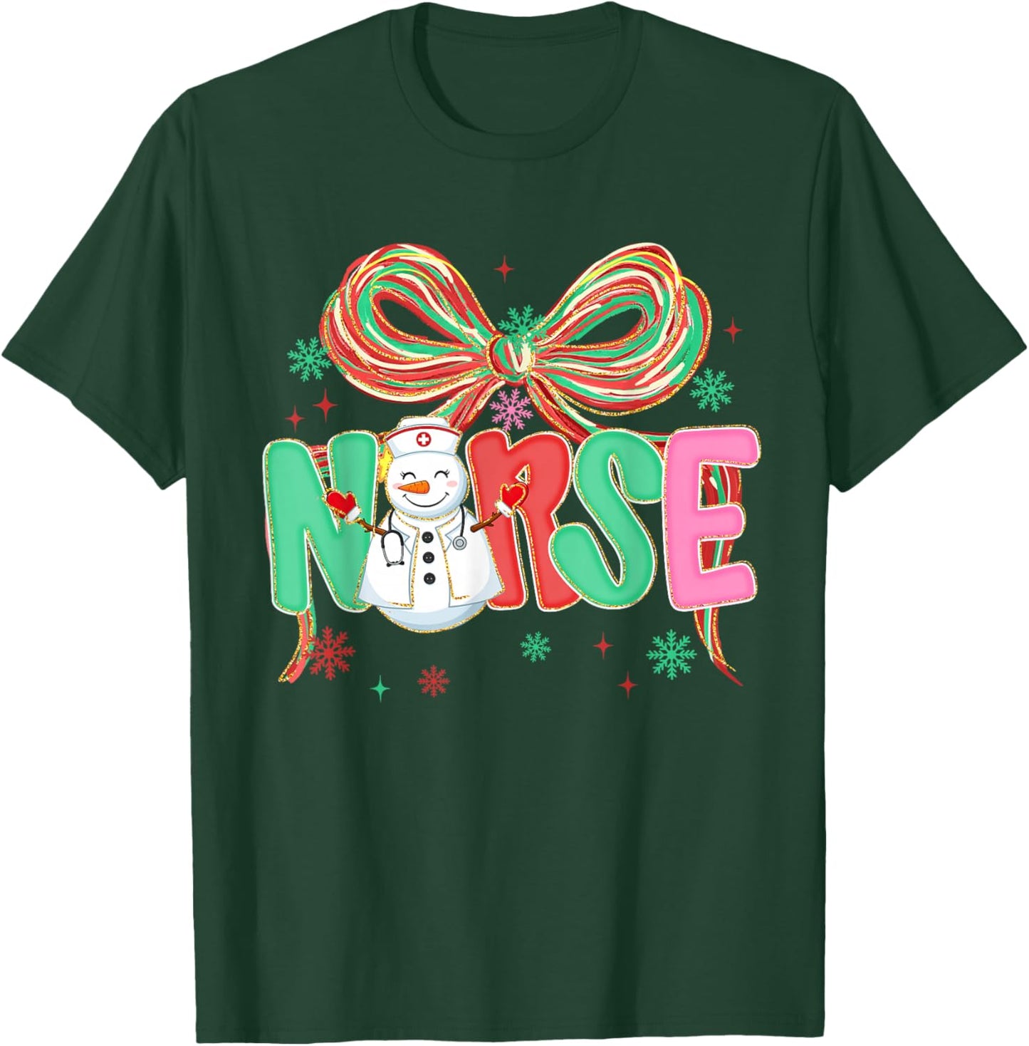 Christmas Nurse Coquette Bow Snowman Nursing Xmas Holiday T-Shirt - T-Shirt | Forest