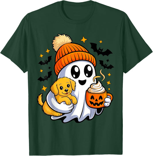 Cute Ghost Drinking Ice - Walking Dog Pug Coffee Halloween T-Shirt - T-Shirt | Forest