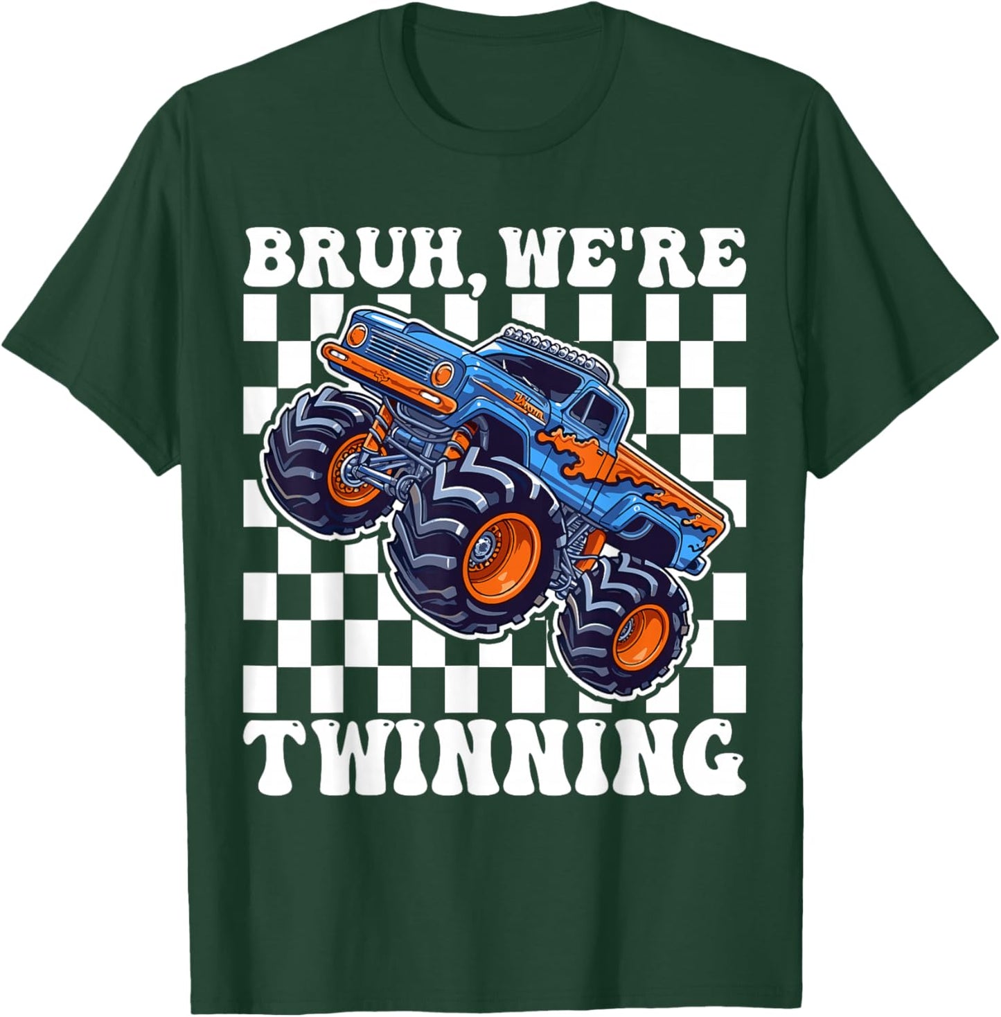 Bruh We are Twinning Kids Boys Funny Twin Day Monster Truck T-Shirt - T-Shirt | Forest