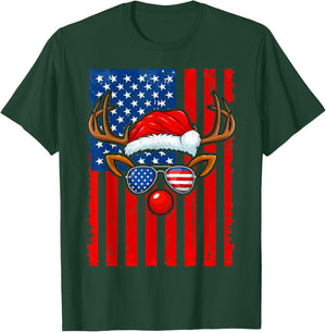Vintage Rudolph Rednose Santa Hat Us Flag Christmas Xmas Men T-Shirt - T-Shirt | Forest