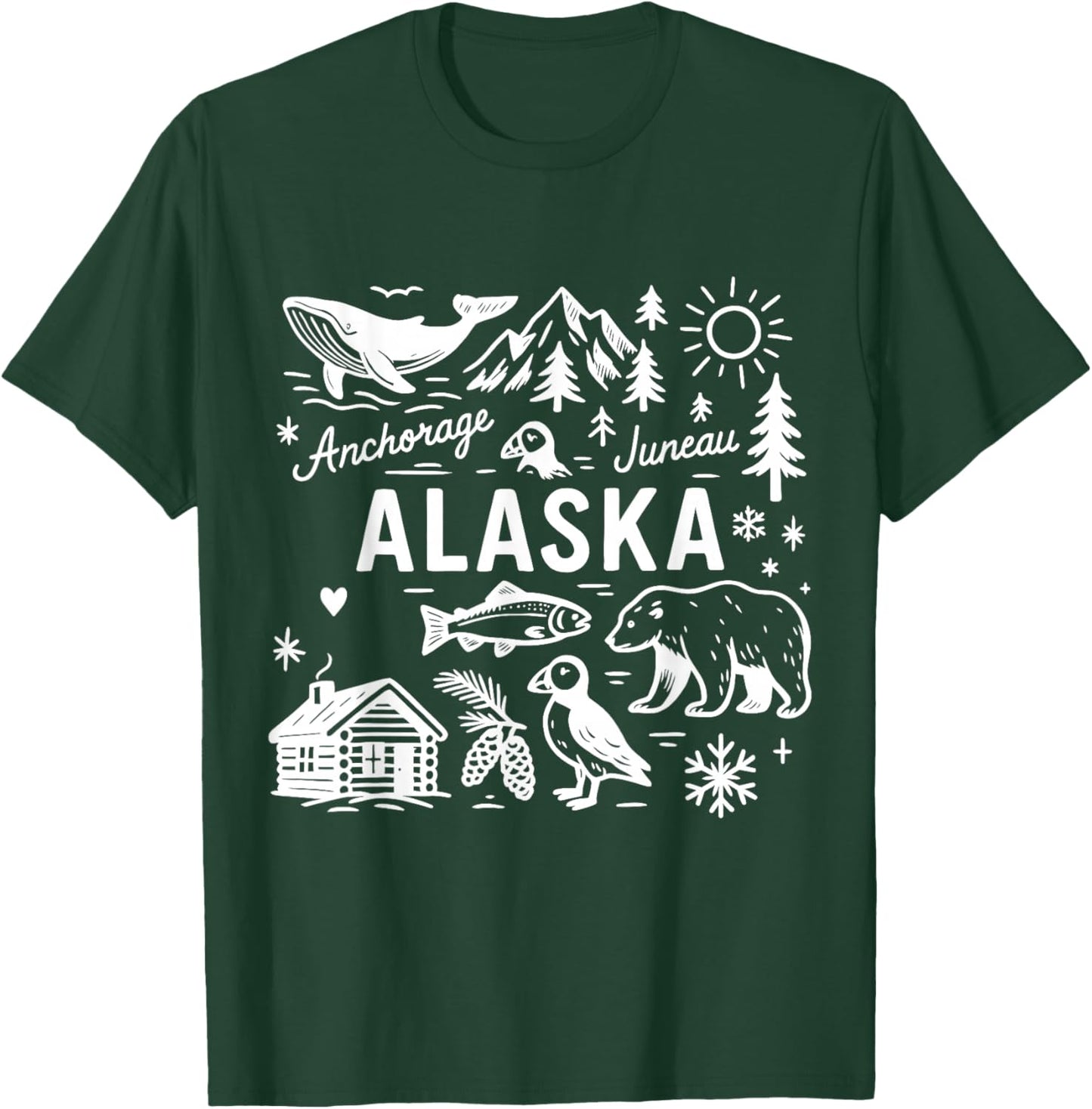 Alaska USA State Symbols Vintage Souvenir Cute Doodle T-Shirt - T-Shirt | Forest