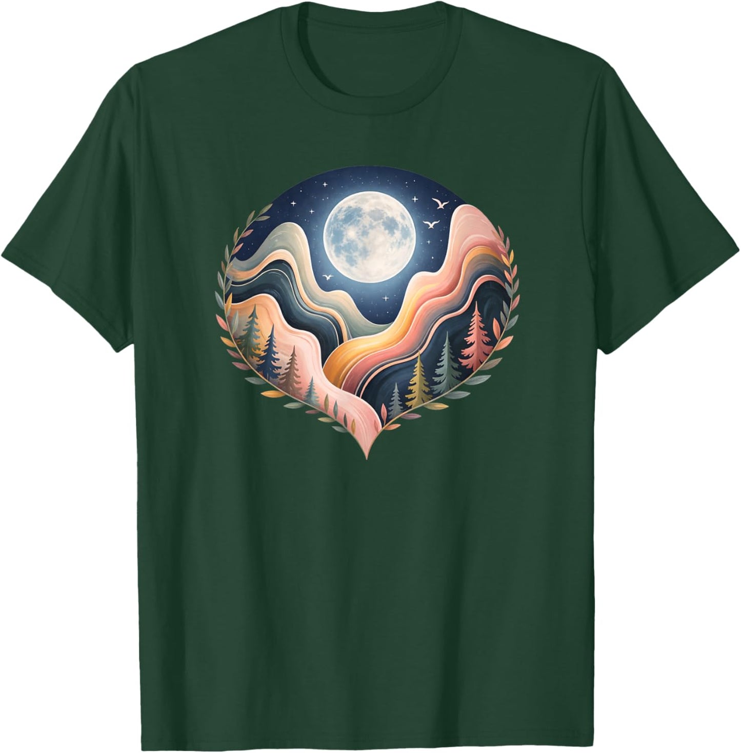 Heart-Shaped Nature Landscape Art, Scenic Moon T-Shirt - T-Shirt | Forest