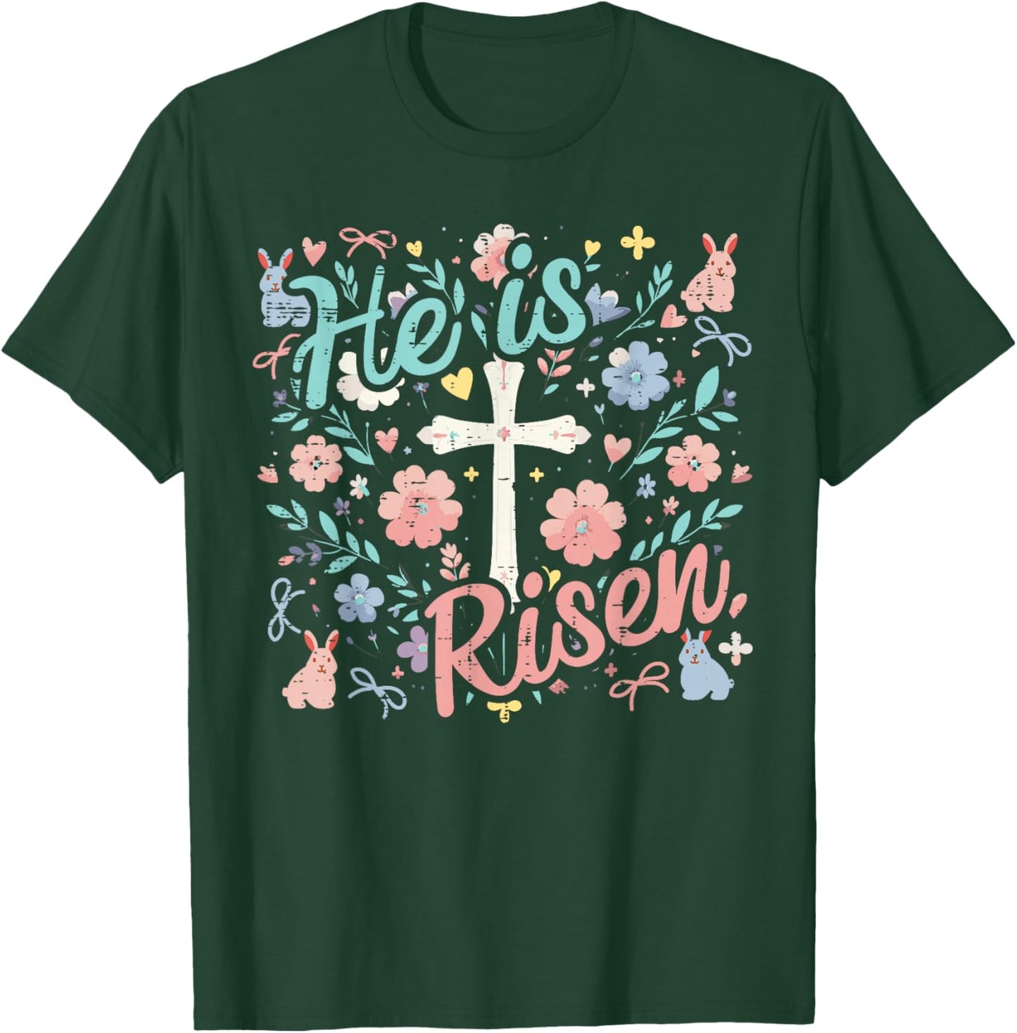 Easter He is Risen Cross Flowers Religious Women Girls Kids T-Shirt - T-Shirt | Forest