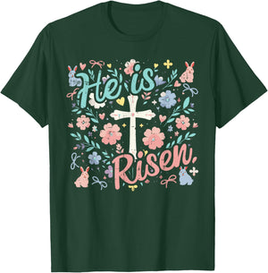 Easter He is Risen Cross Flowers Religious Women Girls Kids T-Shirt - T-Shirt | Forest