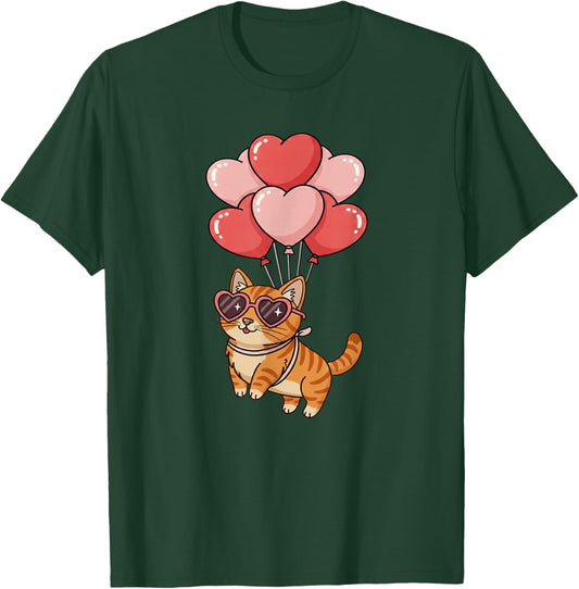 Girls Valentines Day Heart Balloons Orange Tabby Cat T-Shirt - T-Shirt | Forest
