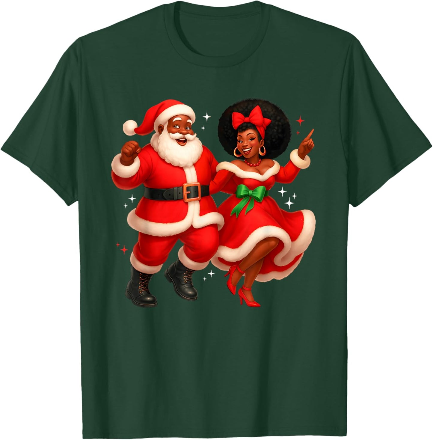 Dancing African Santa Mr Mrs Claus African American Xmas T-Shirt - T-Shirt | Forest