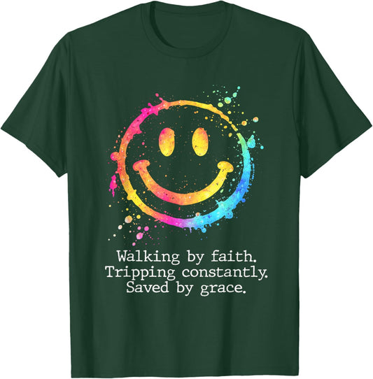 Retro Walking by Faith Tripping Constantly Saved by Grace T-Shirt - T-Shirt | Forest