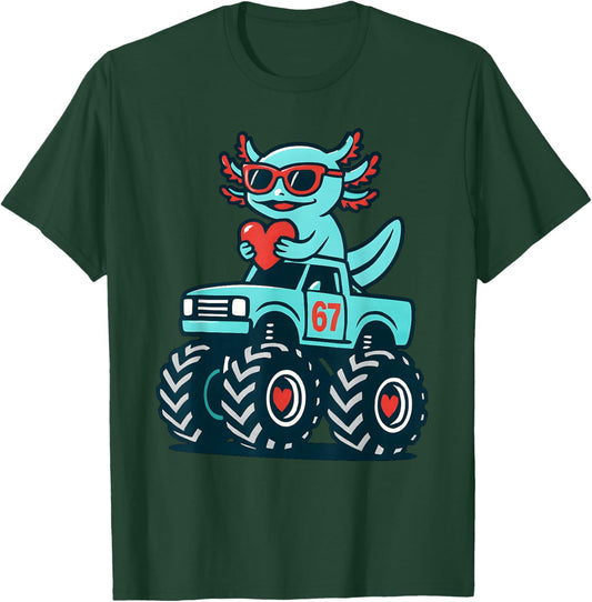 Valentines Day Axolotl 67 Meme Riding Truck Six Seven Kids T-Shirt - T-Shirt | Forest