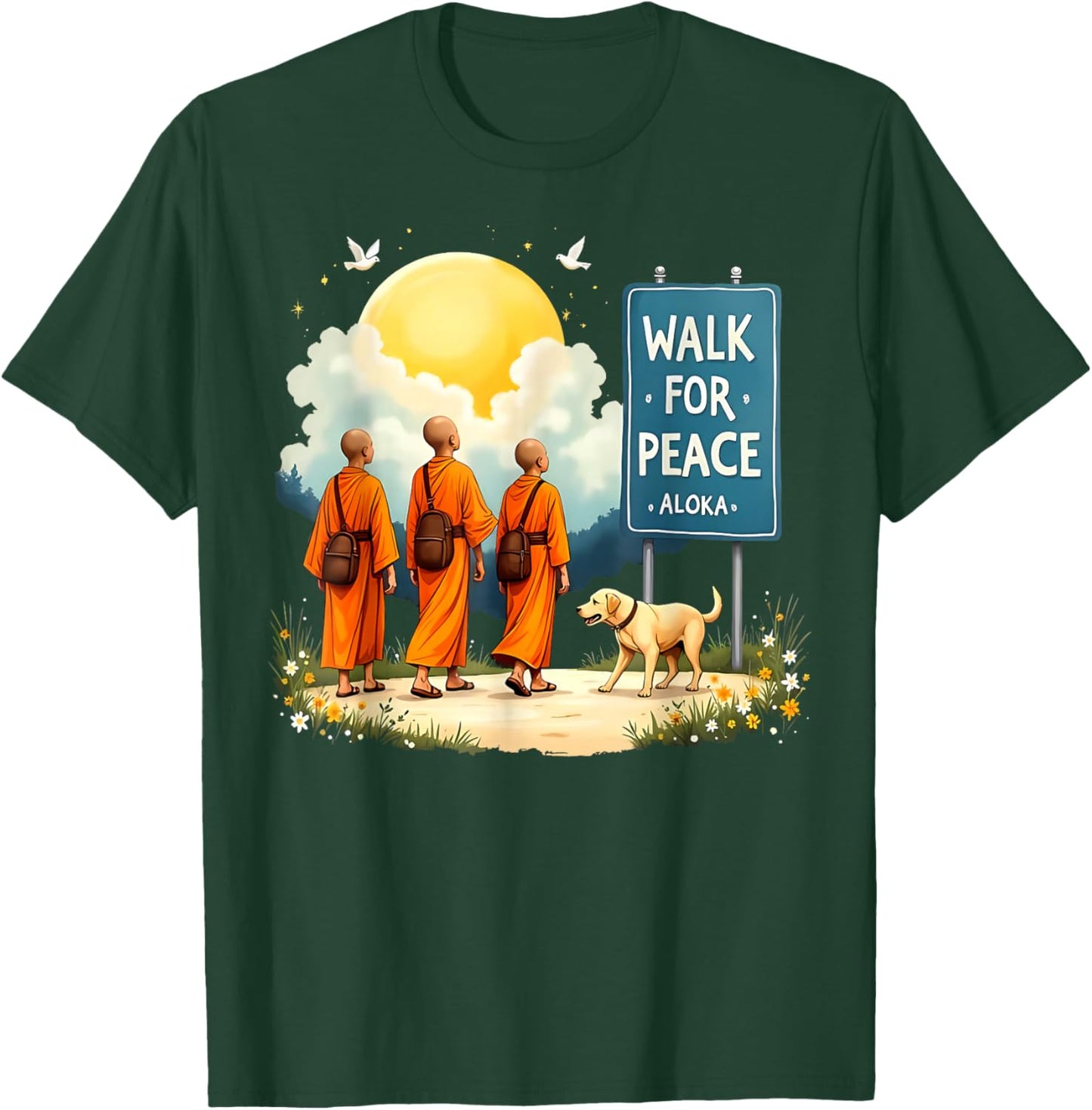 Retro Walk for Peace Monks with Aloka Dog Minimalist Zen Art T-Shirt - T-Shirt | Forest