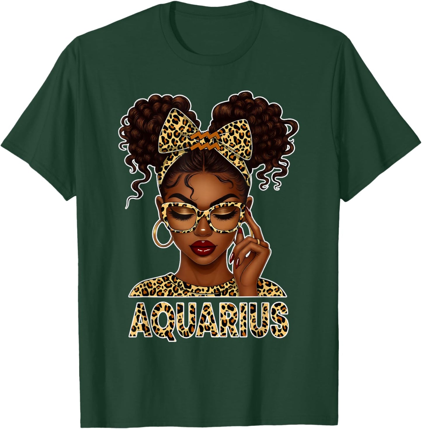 Aquarius Woman Black Girl Leopard Bow Zodiac Birthday T-Shirt - T-Shirt | Forest