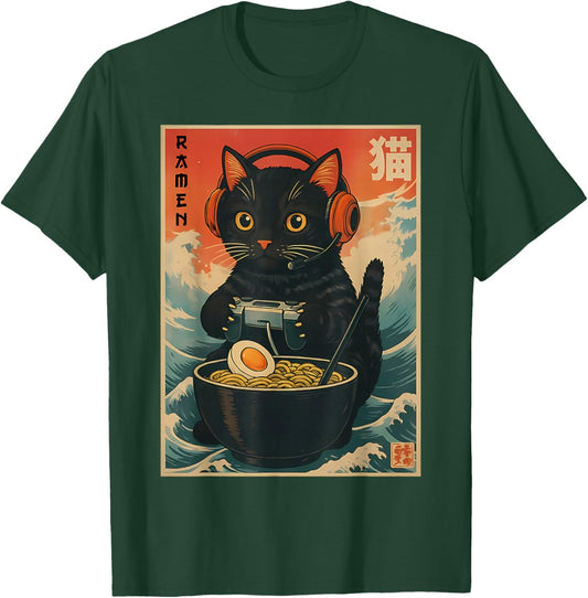 Kawaii Gamer Cat Funny Ramen Retro Japanese Cat Gaming T-Shirt - T-Shirt | Forest