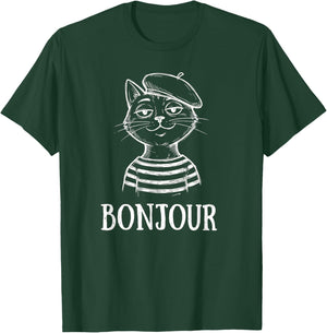 Bonjour French Cat Beret Sketch Travel Souvenir T-Shirt - T-Shirt | Forest