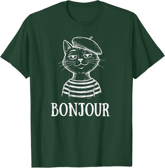 Bonjour French Cat Beret Sketch Travel Souvenir T-Shirt - T-Shirt | Forest