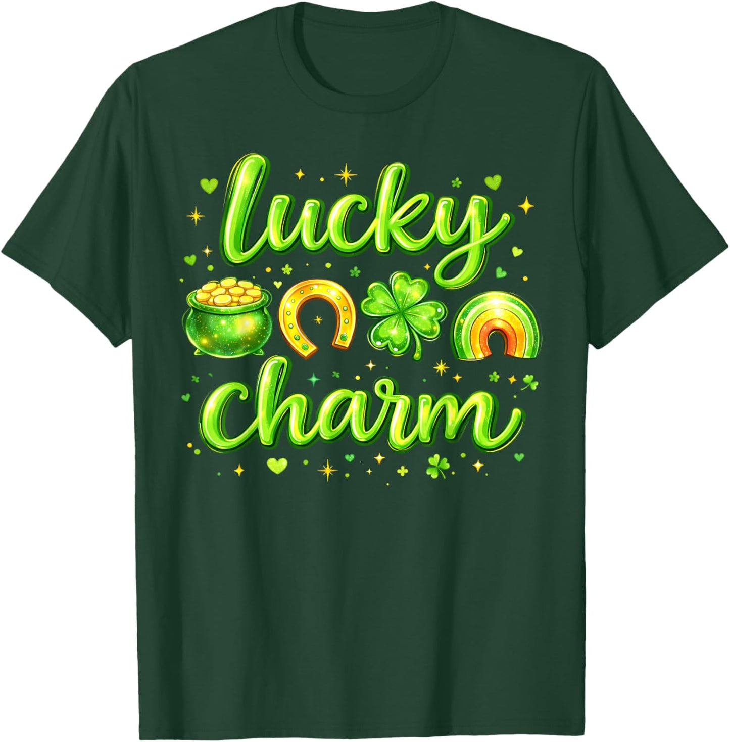 St Patricks Day Lucky Charm Rainbow Clover Gold Pot Hearts T-Shirt - T-Shirt | Forest