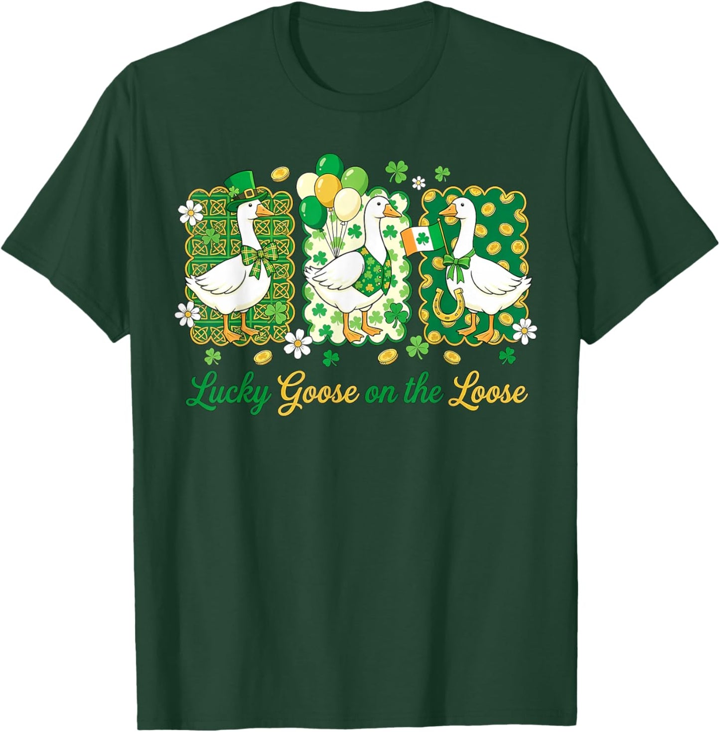 Retro Lucky Goose On The Loose St Patricks Day Shamrock T-Shirt - T-Shirt | Forest