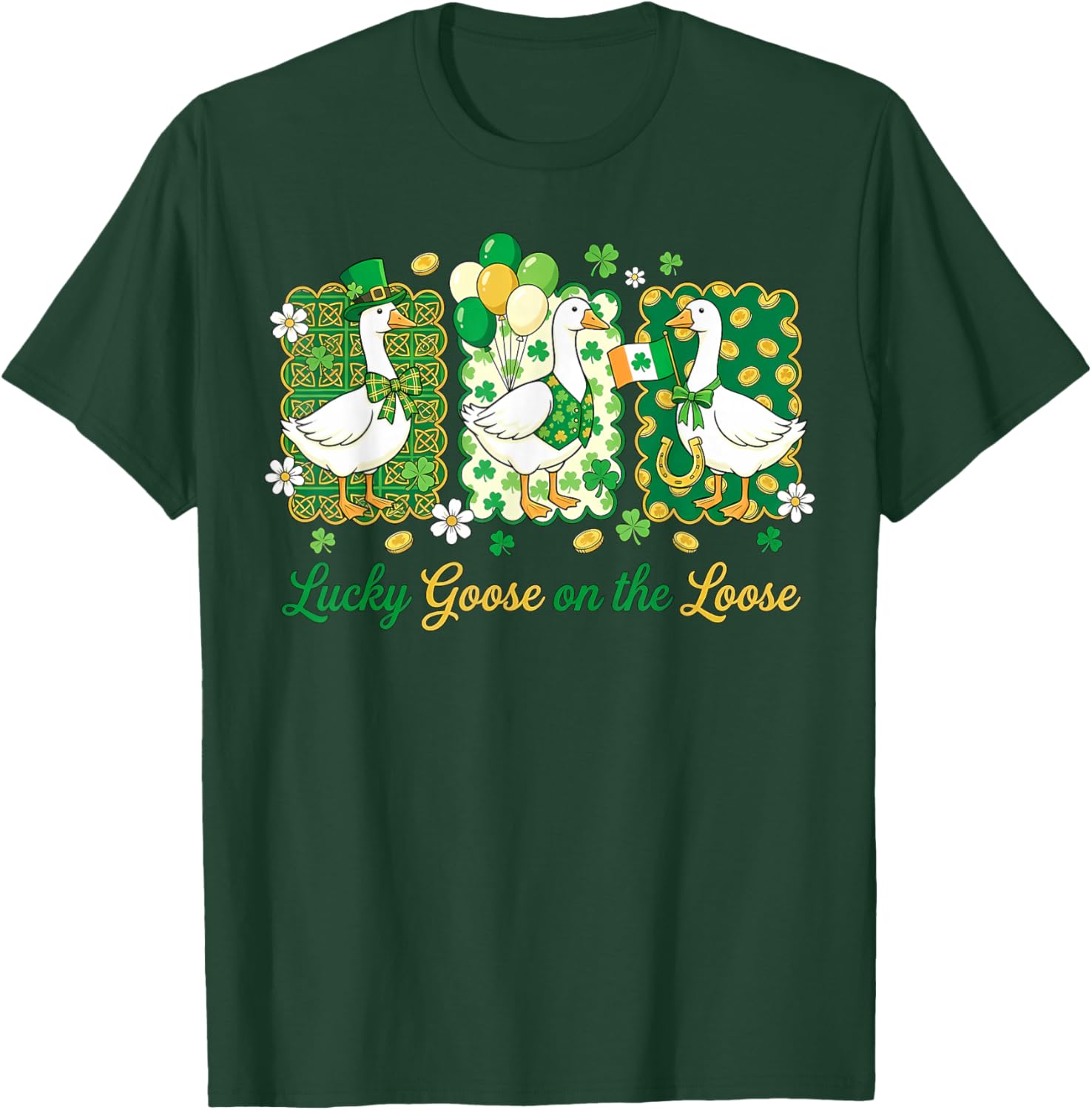 Retro Lucky Goose On The Loose St Patricks Day Shamrock T-Shirt - T-Shirt | Forest