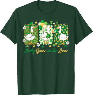 Retro Lucky Goose On The Loose St Patricks Day Shamrock T-Shirt - T-Shirt | Forest