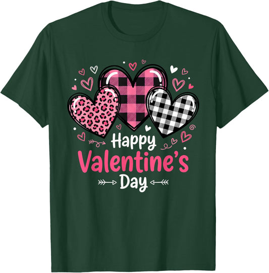 Happy Valentines Day Leopard and Plaid Love Hearts Women T-Shirt - T-Shirt | Forest